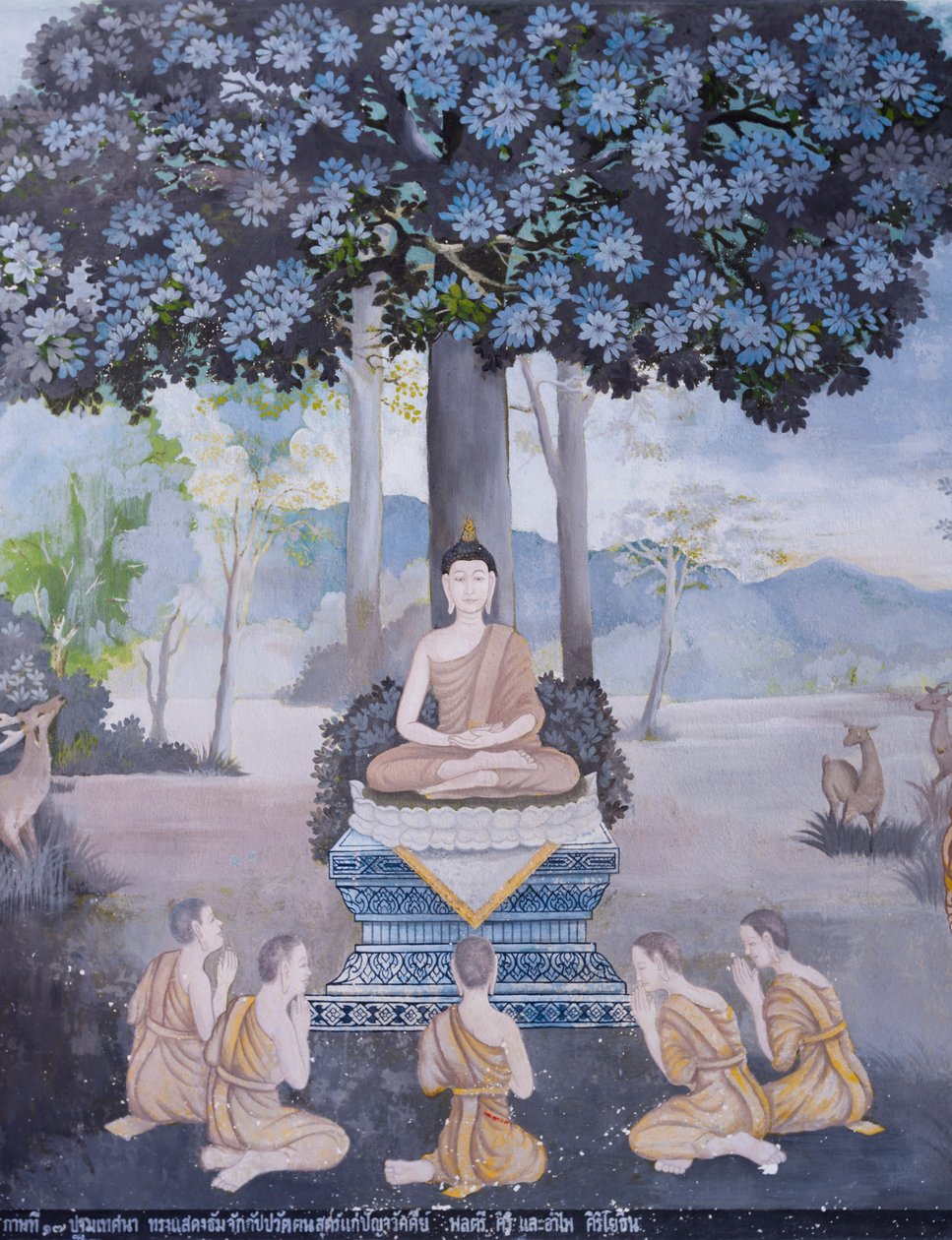 Fresco die een scène uit het leven van Boeddha afbeeldt, Wat Phra That Doi Suthep-tempel door School Thai