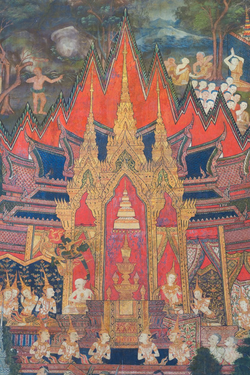 Muurschilderingen in de Buddhaisawan-kapel die Indra afbeelden die uit de hemel neerdaalt kort na de crematie van de Boeddha en de meest waardevolle relikwie, een tand, uit de chignon van de brahmaan grijpt door School Thai