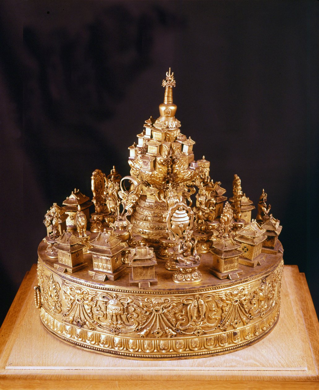 Tibetaanse mandala: zeldzaam stuk in gesculpteerd goudbrons. De mandala is een weergave van het goddelijke kosmos, in het centrum waarvan de berg Merou staat, een berg bekroond door het paleis van de oppergod Indra en omgeven door vier continenten - Musée  door School Tibetan
