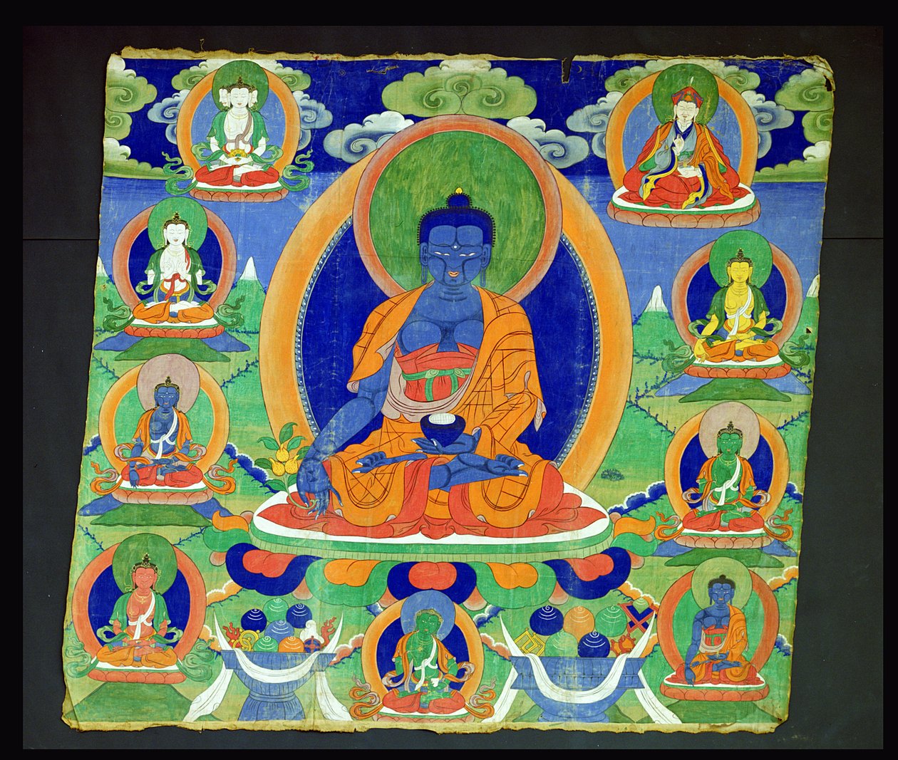 Thangka-schilderij met De Boeddha van Genezing, Bhaishajyaguru (Menla) Tibetaans door School Tibetan