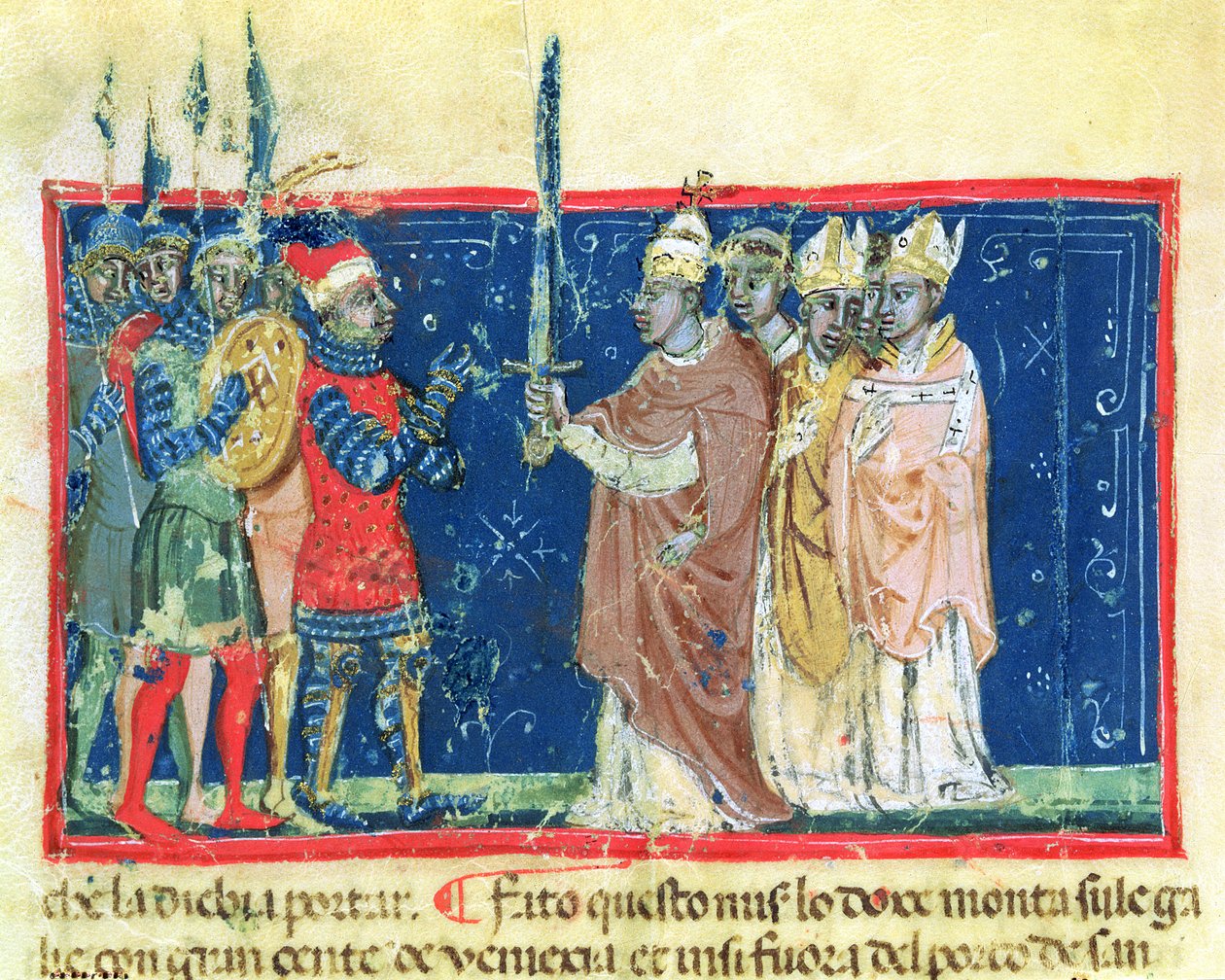 Codex Correr I 383 Paus Alexander III (1105-81) presenteert het zwaard aan Doge Sebastiano Ziani (perkament) door School Venetian