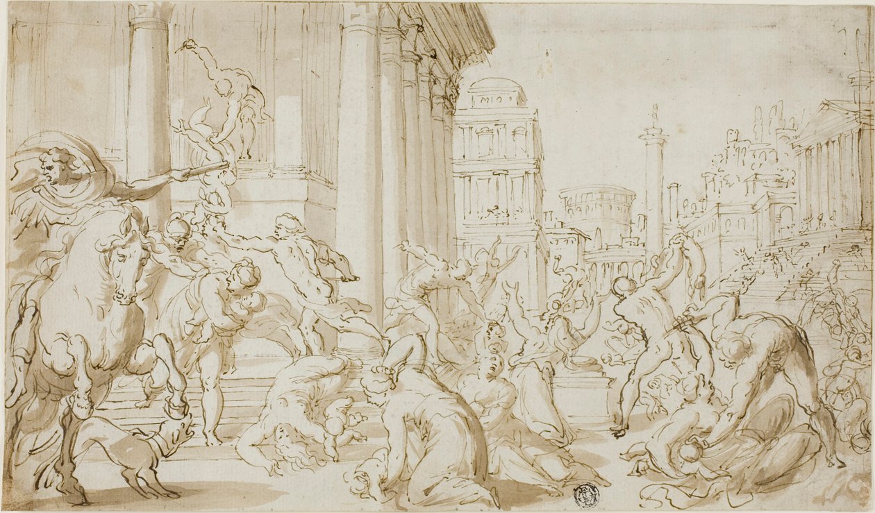 Massacre of the Innocents (recto); Figuur Schetsen (verso) door School of Nicolas Poussin