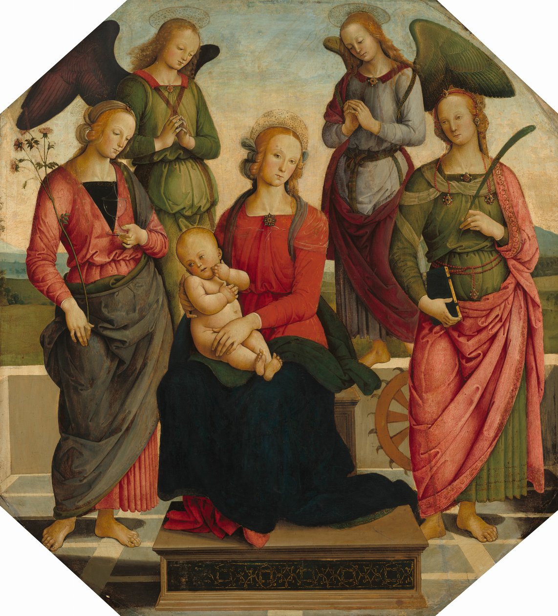 Madonna en Kind met Twee Engelen, Sint Rosa en Sint Catharina van Alexandrië door School of Perugino