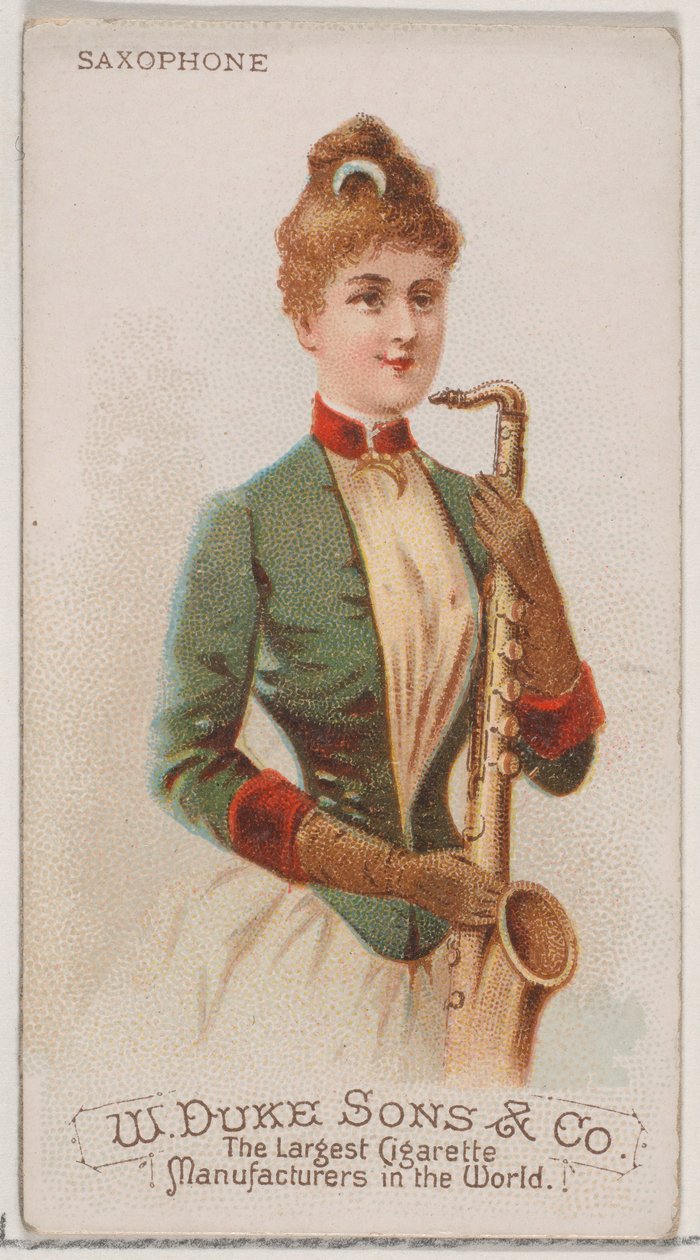 Saxofoon, uit de serie Muziekinstrumenten N82 voor Duke sigaretten, 1888 door Schumacher and Ettlinger