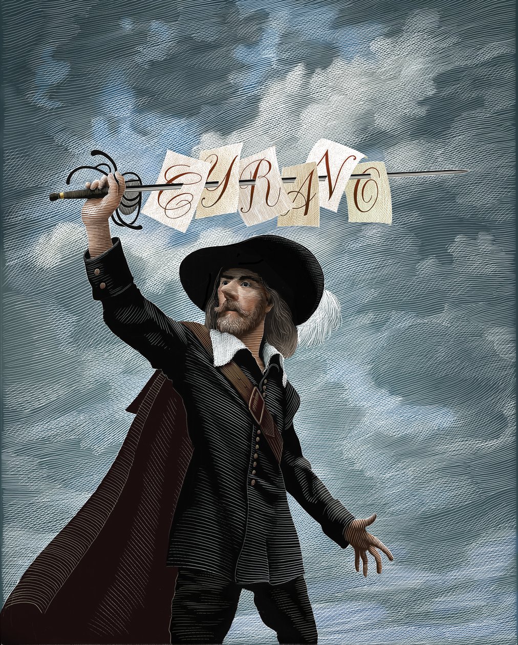 Cyrano De Bergerac, 2020 (scratchboard, digitaal ingekleurd) door Scott McKowen