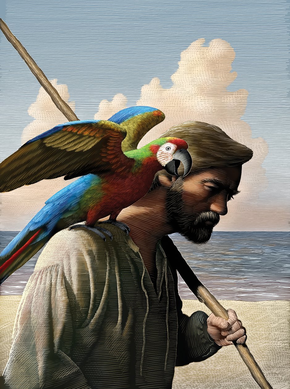 Robinson Crusoe, 2011 (scratchboard, digitaal ingekleurd) door Scott McKowen