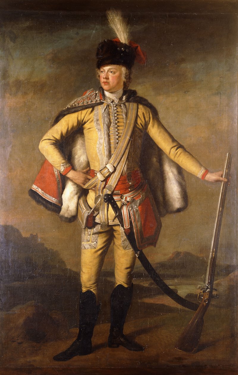 Portret van John Lindsay, 20e Graaf van Crawford en Lindsay, in Hussarenuniform, met een Vuursteenmusket, een Landschap op de Achtergrond, c.1745 door Scottish School