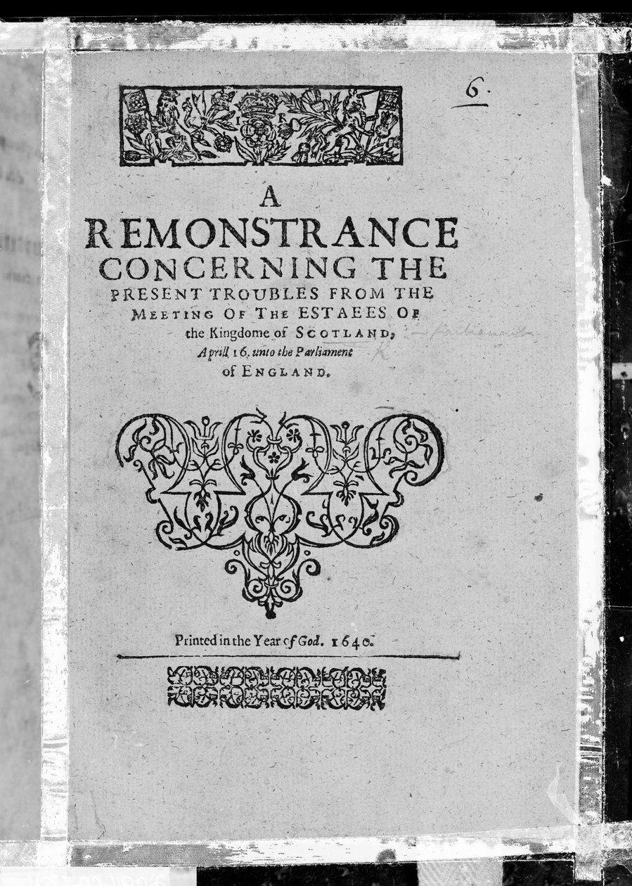 Titelpagina voor A Remonstrance concerning the present troubles from the meeting of the estates of the Kingdome of Scotland, gepubliceerd 1640 (gedrukt papier) door Scottish School