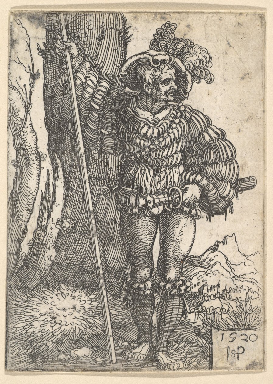 Een lansquenet staand bij een boom door Sebald Beham