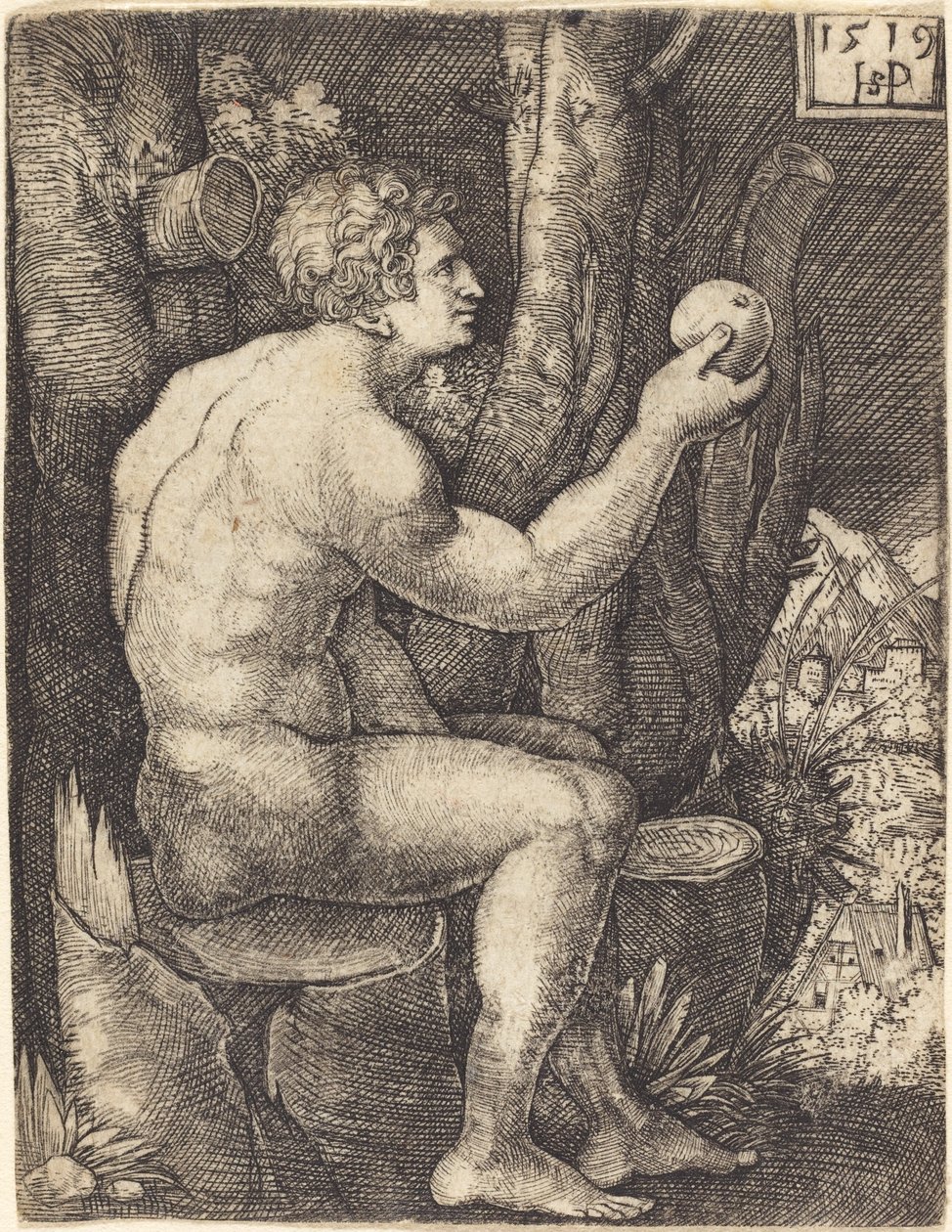 Adam Zittend door Sebald Beham