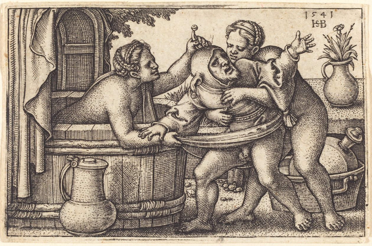 Clown en Twee Vrouwen die Baden door Sebald Beham