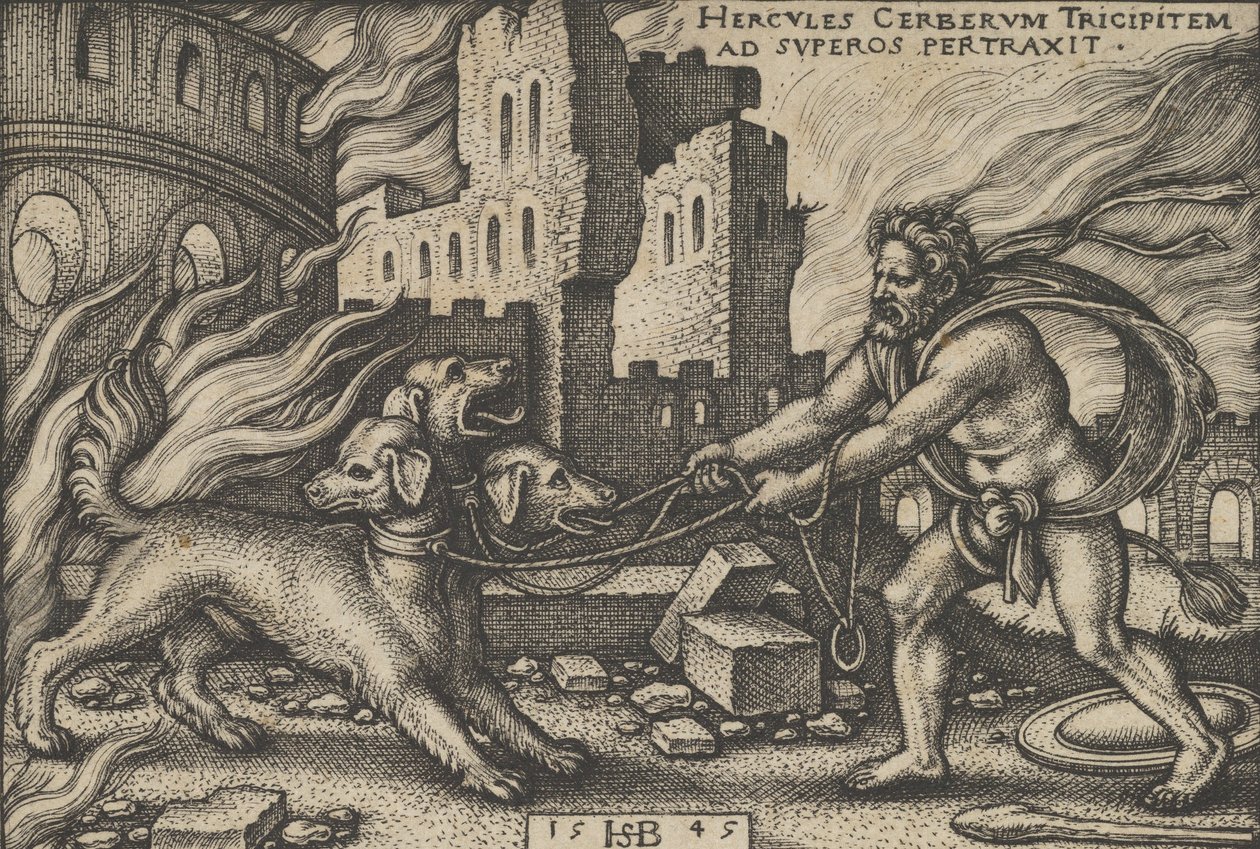 Hercules Vangt Cerberus, uit De Werken van Hercules, 1545 door Sebald Beham