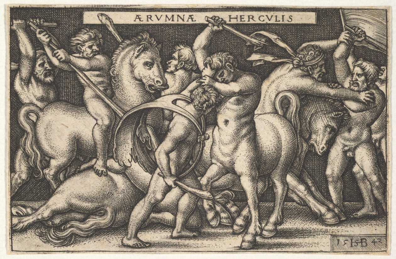 Hercules met zijn knuppel in het midden vechtend tegen een centaur, andere mannen vechten tegen centauren links, 1542 door Sebald Beham