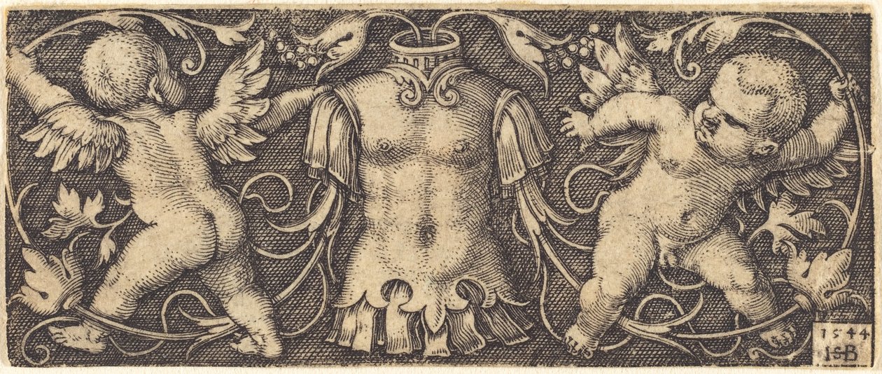 Ornament met wapenrusting en twee genii door Sebald Beham