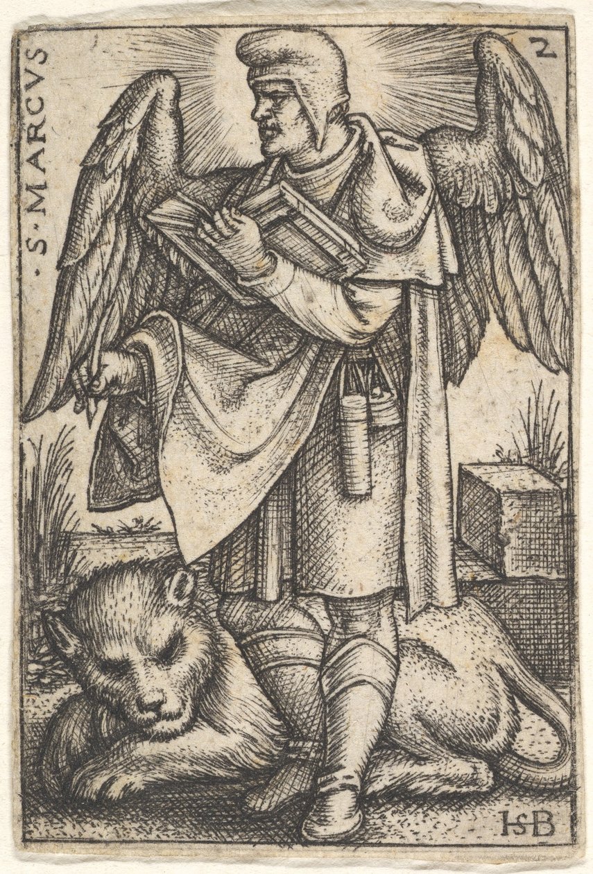 Plaat 2: Sint Marcus, zijn hoofd in profiel naar links gedraaid, met een open boek in zijn rechterhand door Sebald Beham