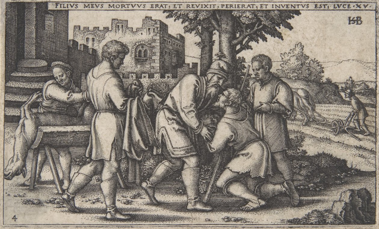 Terugkeer van de Verloren Zoon, uit De Geschiedenis van de Verloren Zoon, circa 1540 door Sebald Beham
