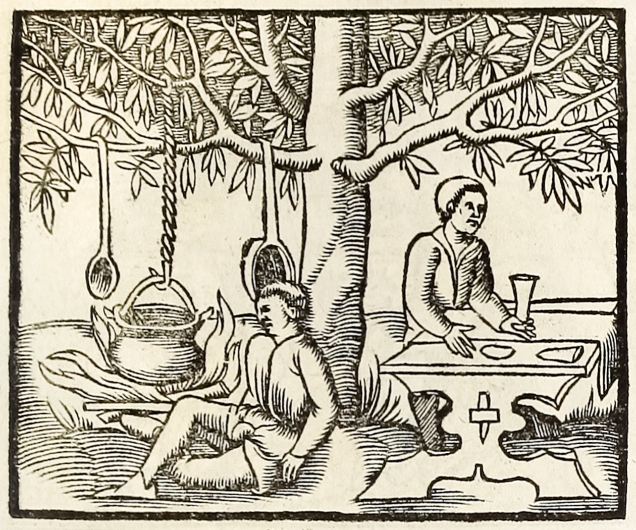 Kookpot en wachtende eter uit 1550 editie van Cosmographia door Sebastian Munster door Sebastian Munster