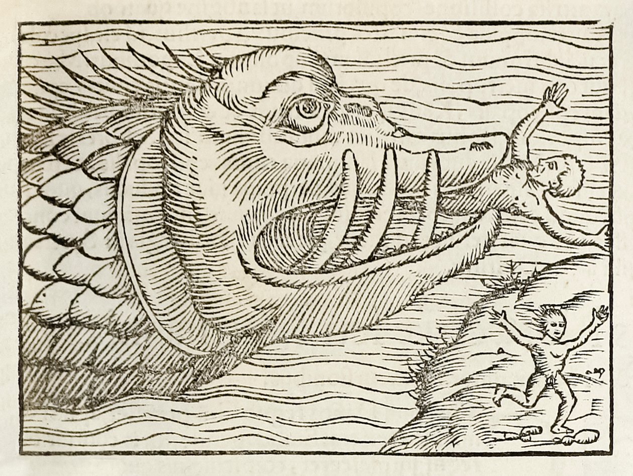 Monsterachtige walvis die mensen verslindt, uit 1550 editie van Cosmographia door Sebastian Munster door Sebastian Munster