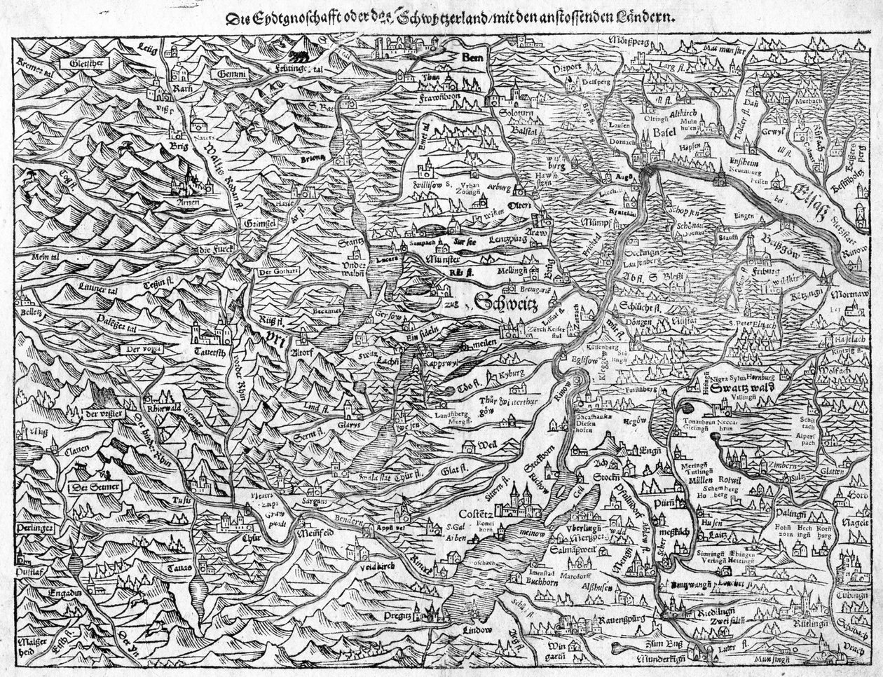 Oude kaart van Zwitserland door Sebastian Münster, 1550 door Sebastian Munster