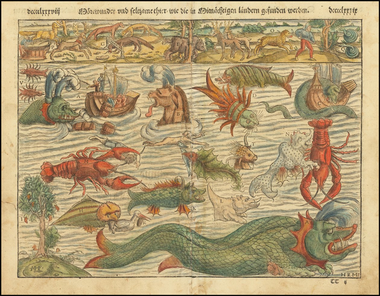 1570 editie van Sebastian Münsters Kaart van zeemonsters door Sebastian Munster