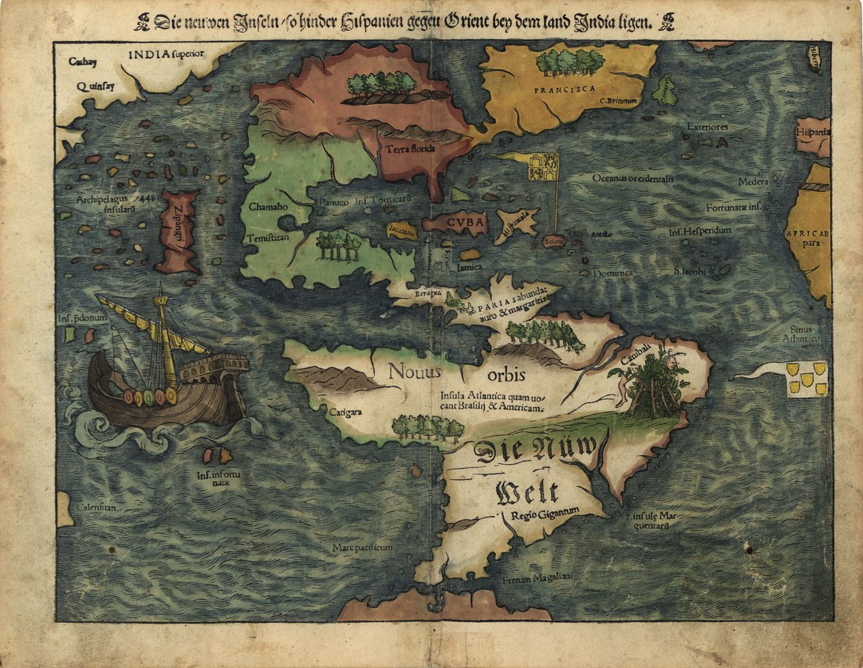 De nieuwe eilanden die liggen tussen Hispania en de Oriënt in de buurt van het land India. LOC 2005630224 door Sebastian Munster