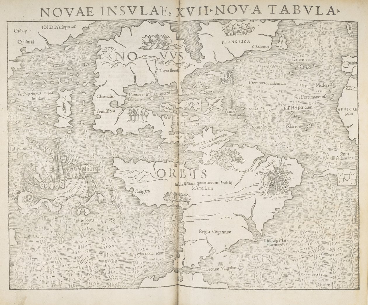 Kaart van Noord-Amerika, Novae insulae, XVII nova tabula, Sebastian Munster door Sebastian Munster