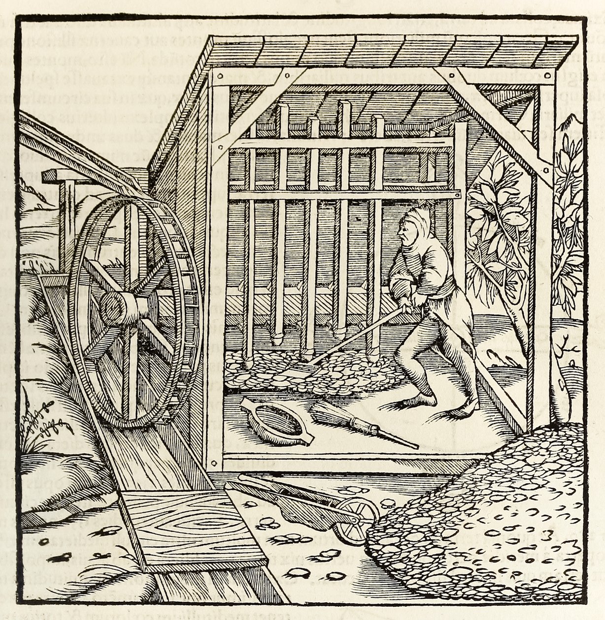 Mijnbouw met waterrad, uit de editie van 1550 van 