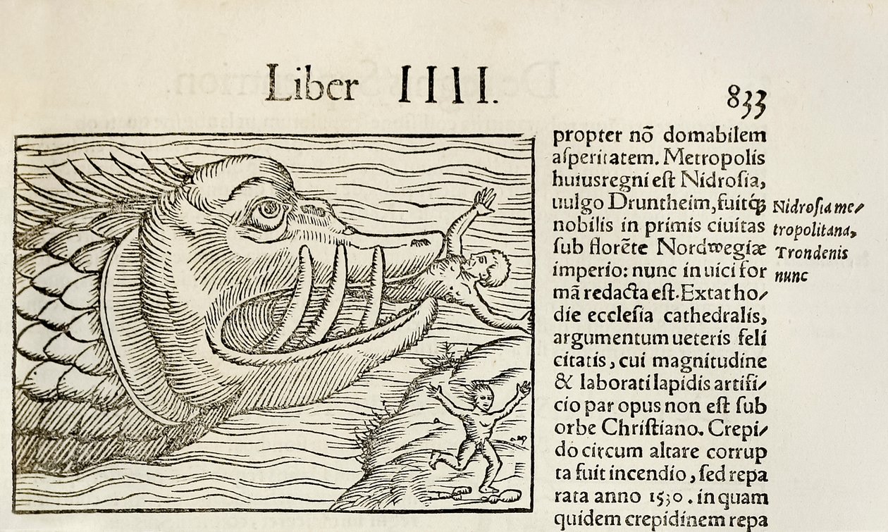 Monsterachtige walvis die mensen verslindt, uit de editie van 1550 van 