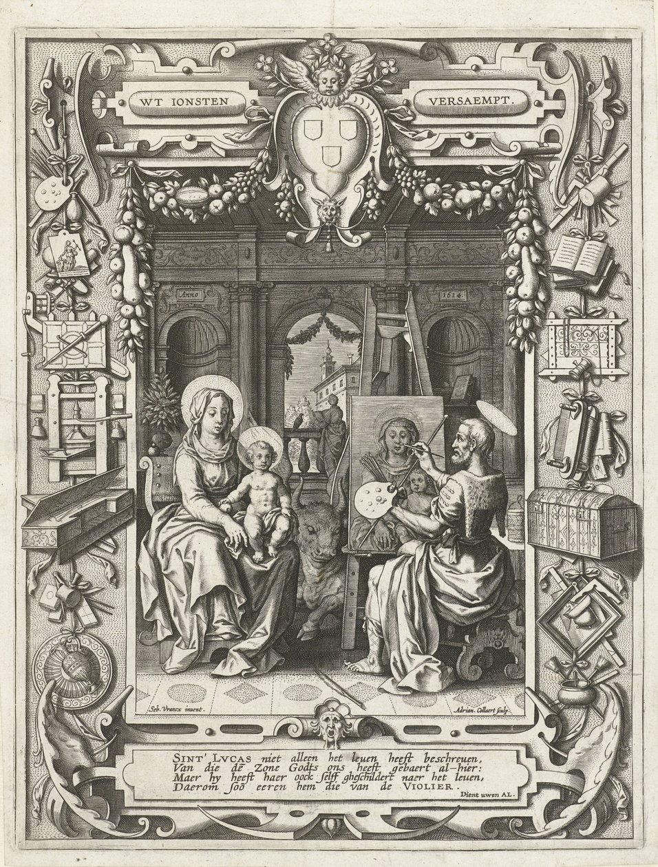Wapen van het Sint-Lucasgilde met Sint Lucas die Madonna en Kind schildert, 1620-21 door Sebastian Vrancx