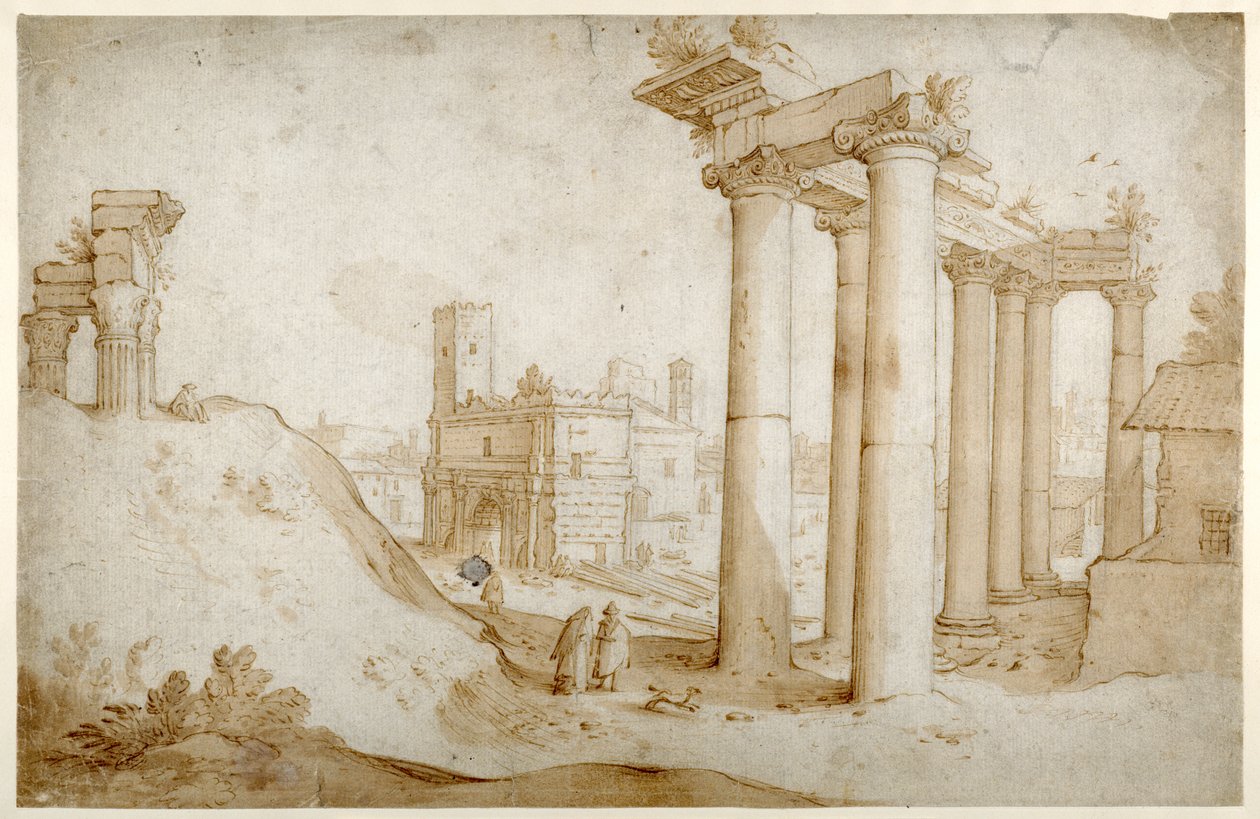 Het Forum Romanum met de Tempel van Titus en Vespasianus, de Tempel van Saturnus en de Boog van Septimius Severus door Sebastian Vrancx