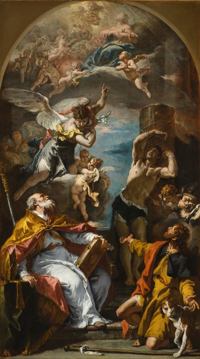 Een Glorie van de Maagd met de Aartsengel Gabriël en de Heiligen Eusebius, Roch en Sebastian door Sebastiano Ricci