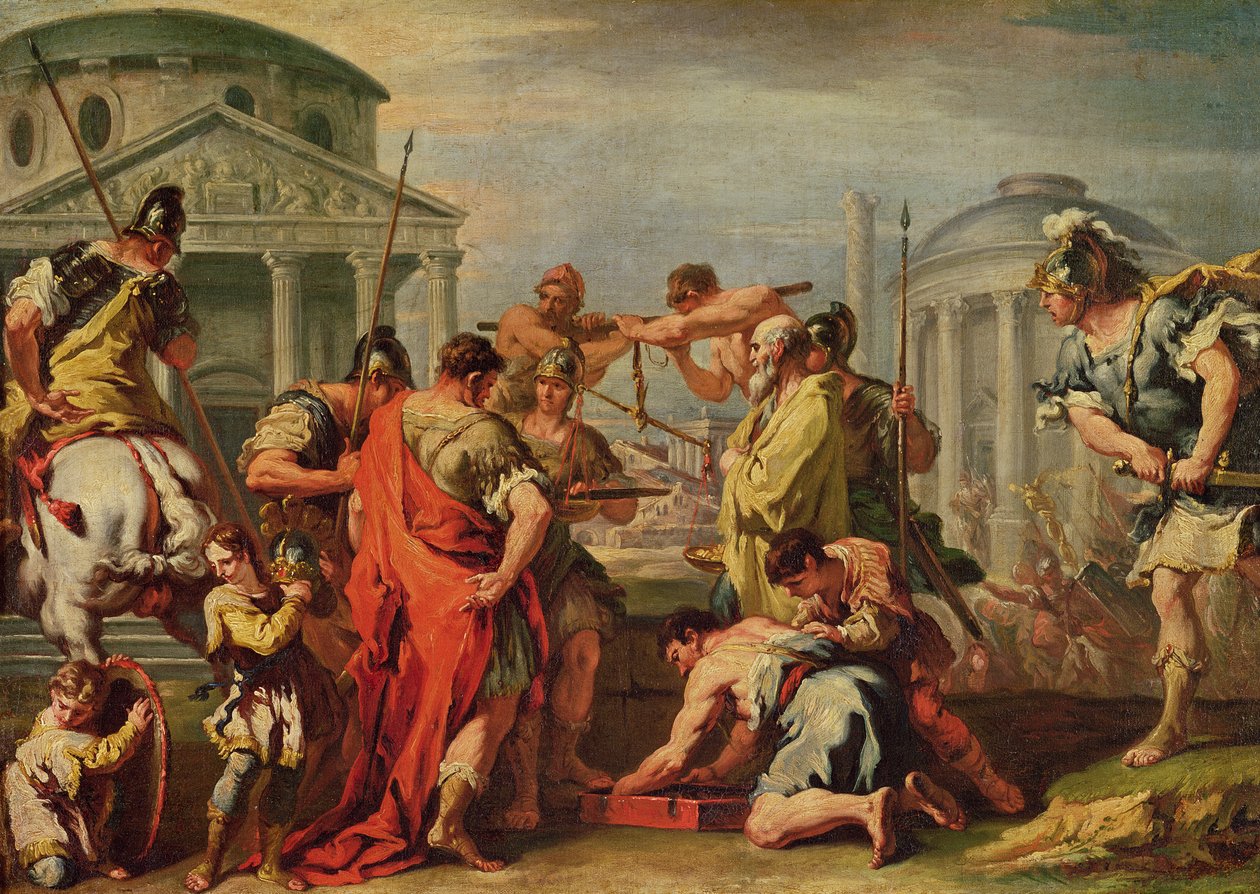 Marcus Furius Camillus (gest. ca. 365 v.Chr.) en Brennus (fl. ca. 389 v.Chr.) door Sebastiano Ricci