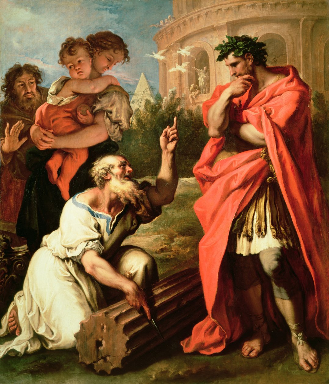 Tarquinius de Oudere raadpleegt Attus Nevius de Augur door Sebastiano Ricci