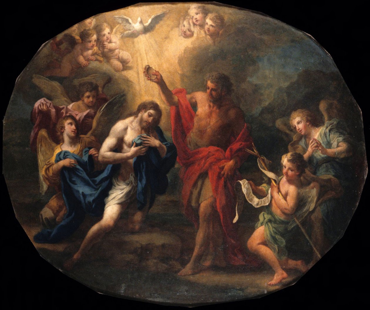Voorzijde: De doop van Christus; achterzijde: Portret van een heilige bisschop door Sebastiano Conca