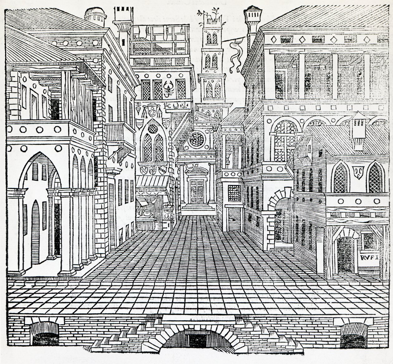 Magische scène, theatraal scèneontwerp door Sebastiano Serlio, illustratie uit 