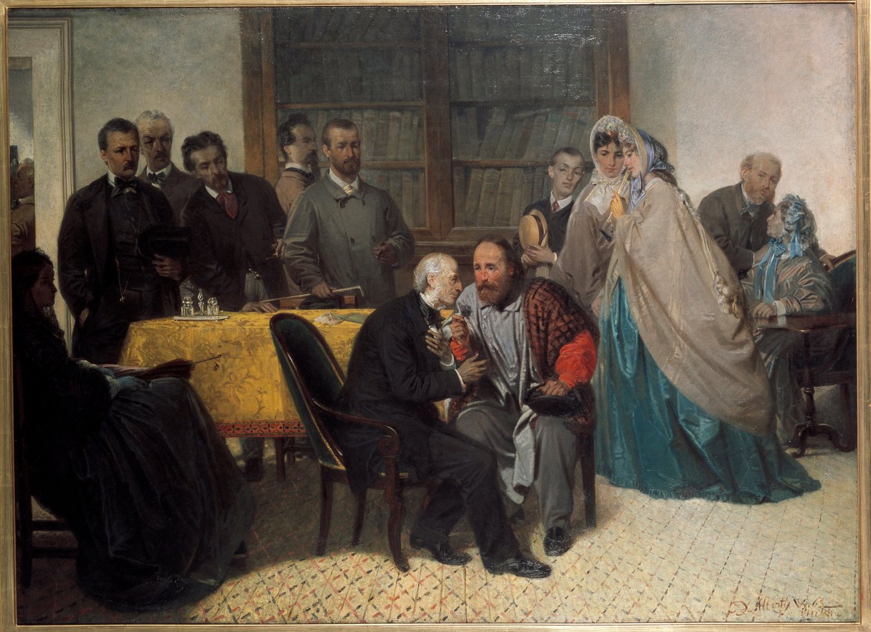Italiaanse patriot Giuseppe Garibaldi ontmoet Italiaanse schrijver Alessandro Manzoni door Sebastiano de Albertis