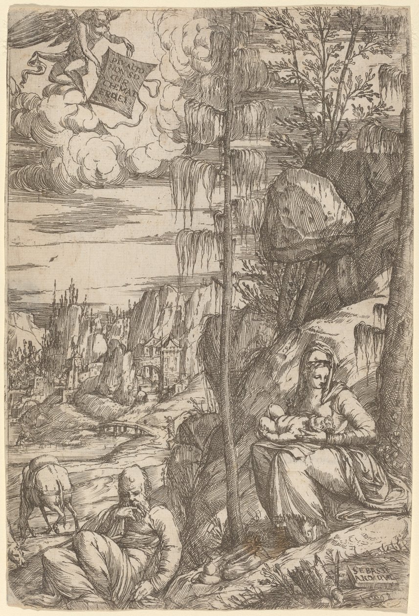Landschap met de Rust tijdens de Vlucht naar Egypte door Sebastiano de Valentinis