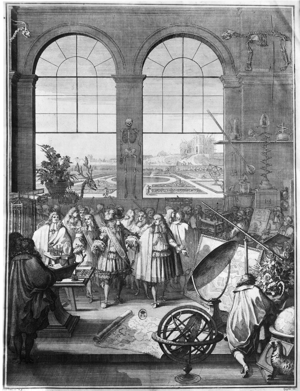 Lodewijk XIV (1638-1715) en zijn entourage bezoeken de Koninklijke Academie van Wetenschappen, na 1665 door Sebastien I Le Clerc