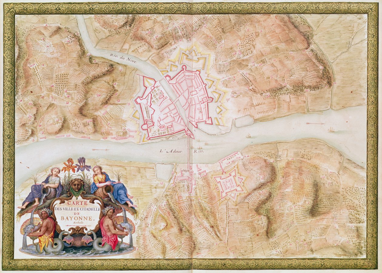 Ms 988 tome 3 fol.45 Plan en kaart van de stad en citadel van Bayonne, uit de 