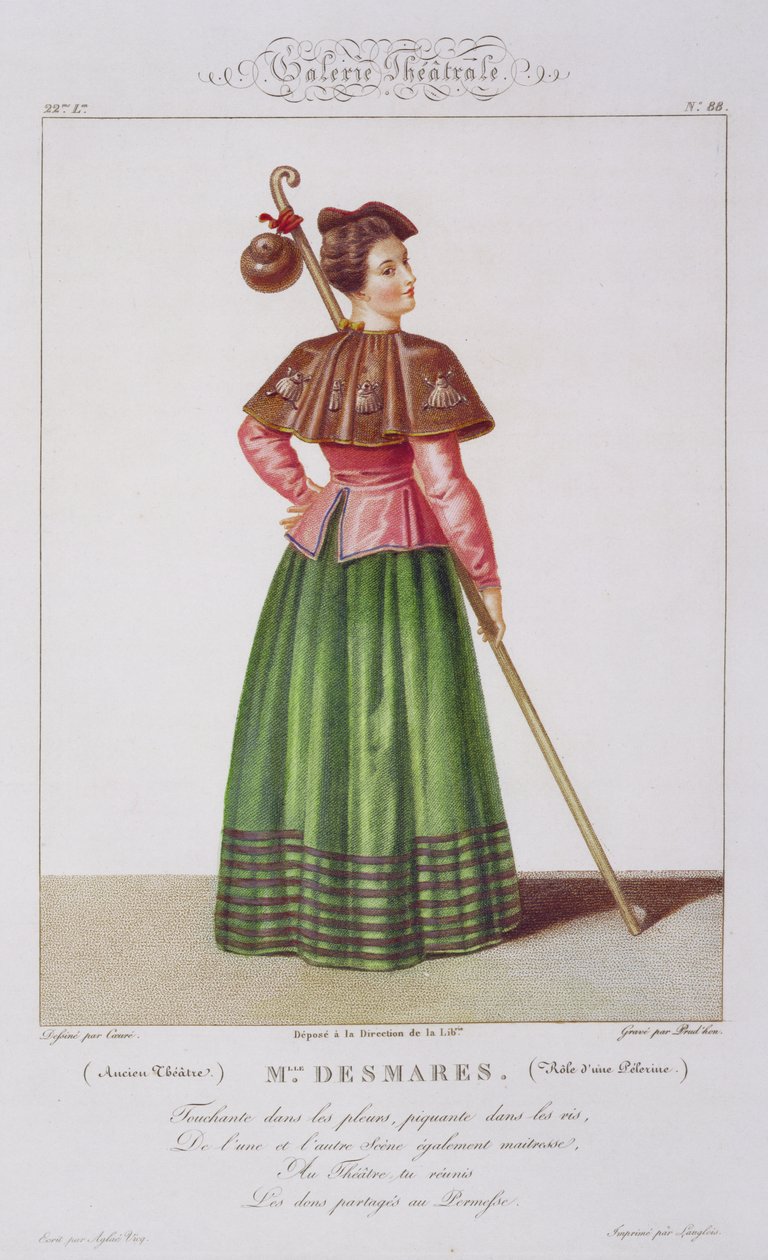 Mademoiselle Desmares in de rol van een pelgrim, plaat 88 uit Theatrical Gallery, gegraveerd door Jean Prudhon (b.1778) pub. 1812-34 door Sebastien after Coeure