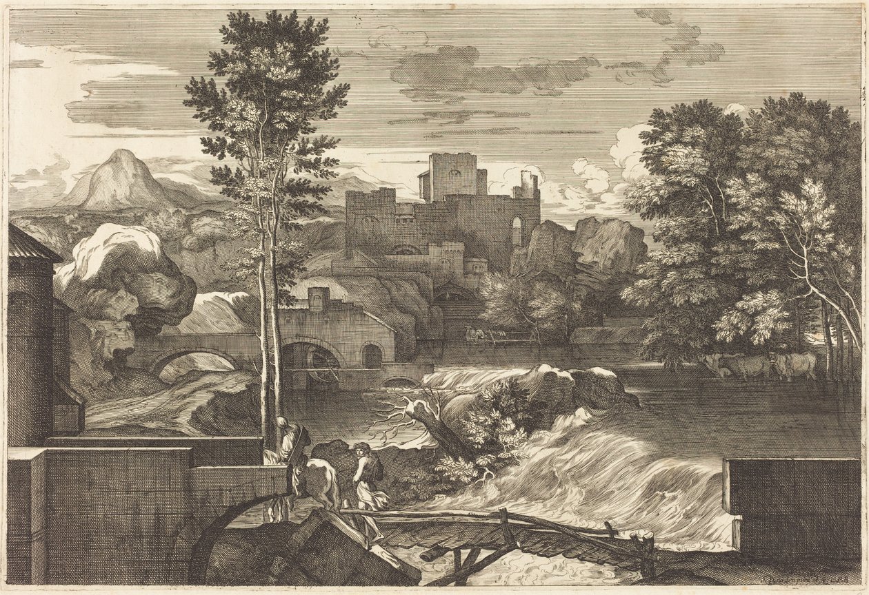 Landschap met twee figuren op een brug door Sébastien Bourdon