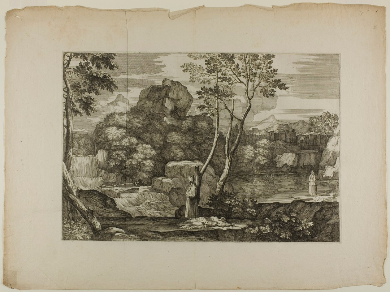 Landschap met een dode man en twee priesters door Sébastien Bourdon