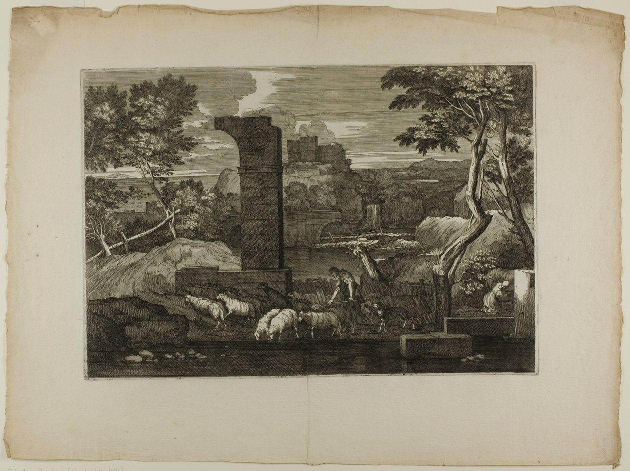 Landschap met een Herder en Zijn Kudde door Sébastien Bourdon