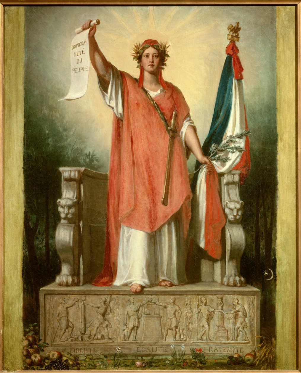 De republiek. Personificatie van de Republiek (Marianne) met een perkament waarop 