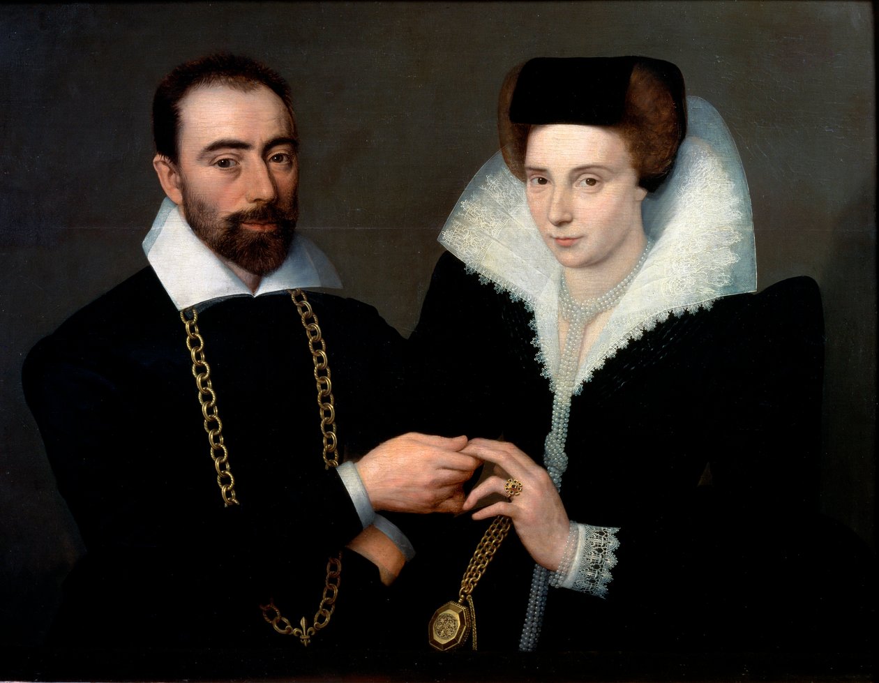 Portret van een echtpaar Beiden dragen zwart, de vrouw draagt een guipure kraag. Schilderij van de school van Fontainebleau door Second School of Fontainebleau