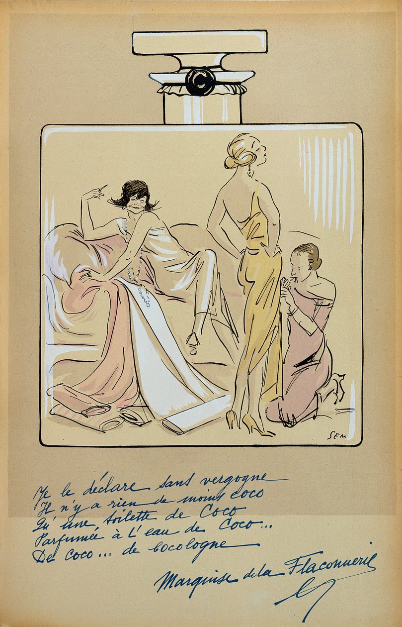 Karikatuur van Coco Chanel (1883-1971) in een fles Chanel No.5, uit 