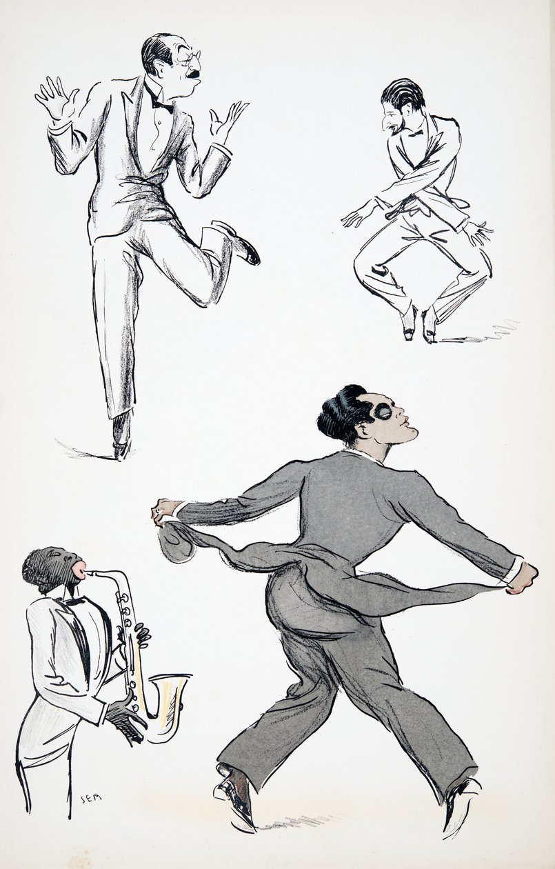 Drie heren in zwarte stropdas voeren bewegingen uit van de Charleston op een saxofoon, uit White Bottoms, uitgegeven 1927 door Sem