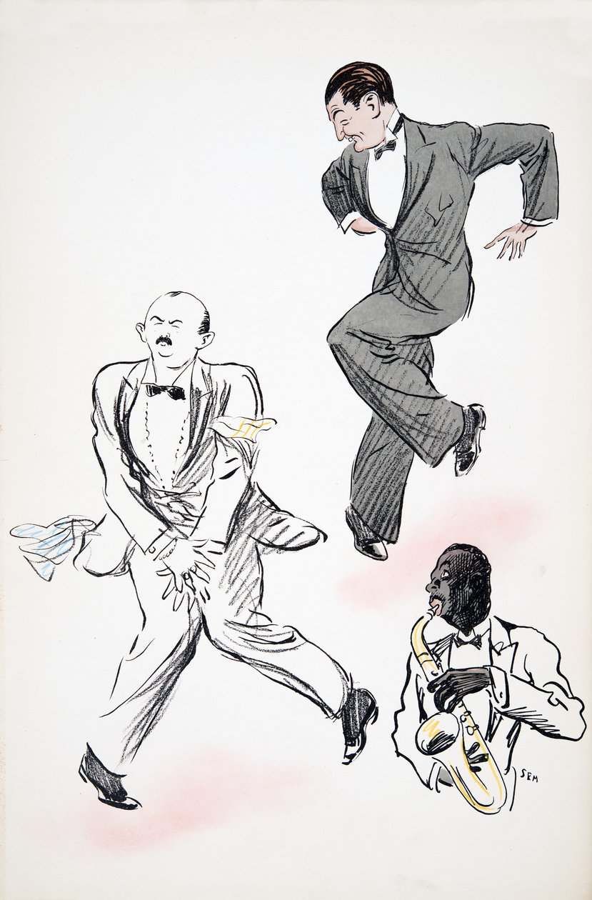 Twee heren in zwarte stropdas dansen op jazz, gespeeld door een muzikant op de saxofoon, uit White Bottoms, uitgegeven 1927 door Sem