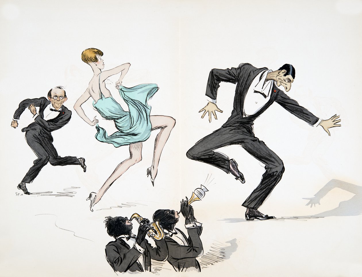 Twee mannen in zwarte stropdas en vrouw in felblauwe jurk dansen op twee muzikanten die jazz spelen op koperen instrumenten, uit White Bottoms, uitgegeven 1927 door Sem