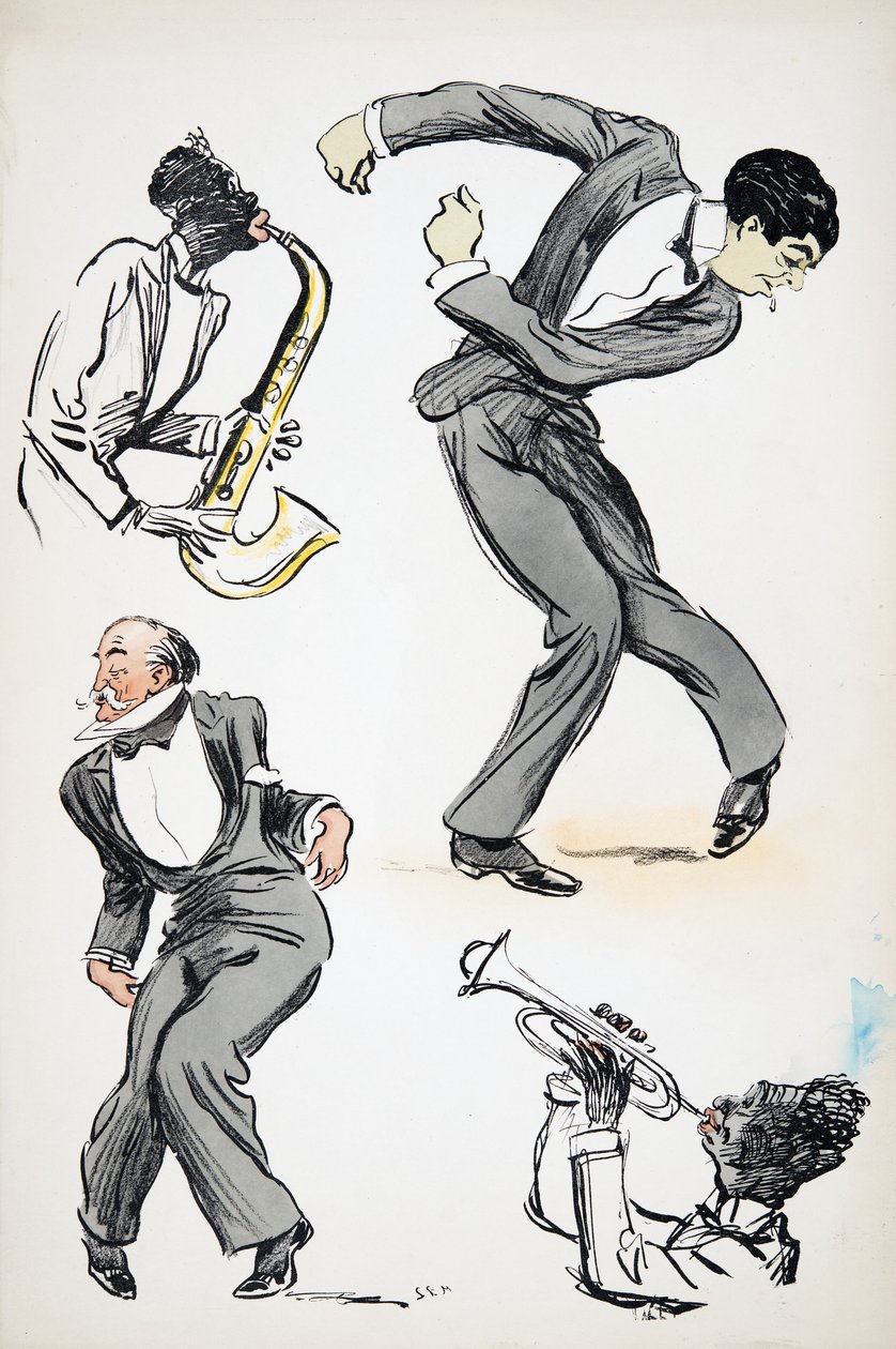 Twee mannen in pakken dansen terwijl twee muzikanten saxofoon en trompet spelen, uit White Bottoms, uitgegeven 1927 door Sem